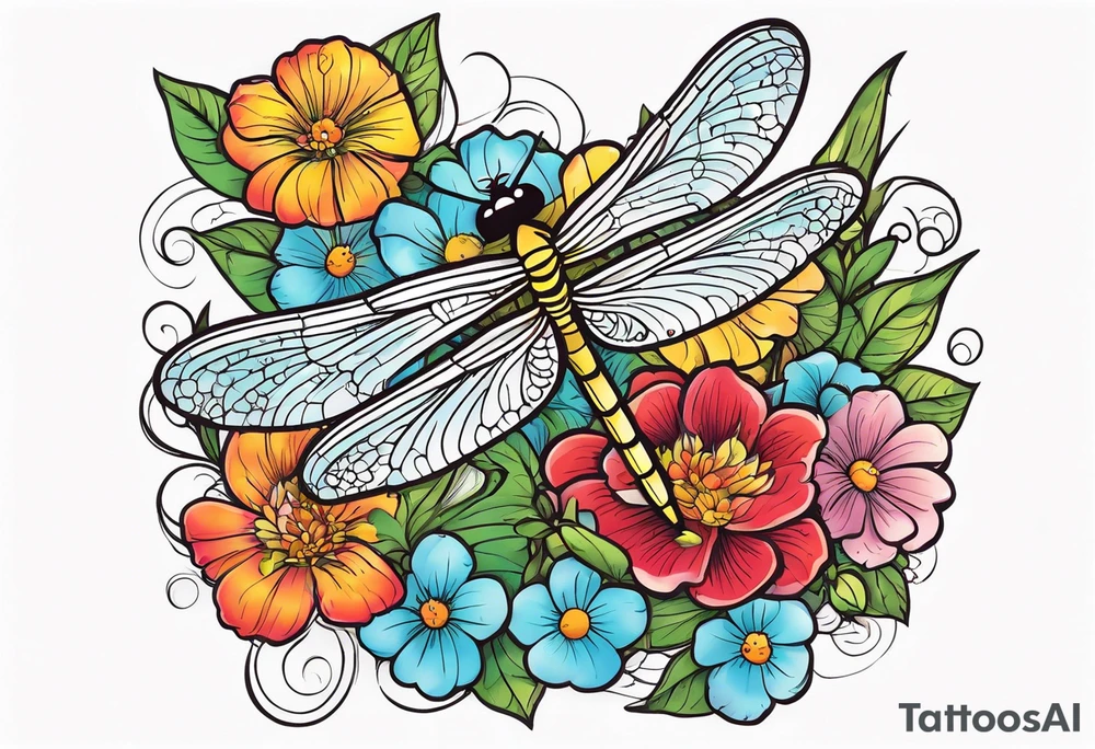 Dragonflies and flowers tattoo idea