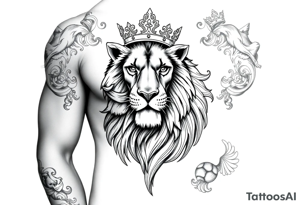 majestic lion wearing ornate crown, surrounded by baroque flourishes tattoo idea