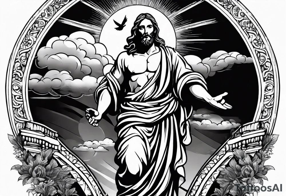 Jesus standing on a flight of stairs with clouds, sunshine and a dove in the background on the upper arm tattoo idea