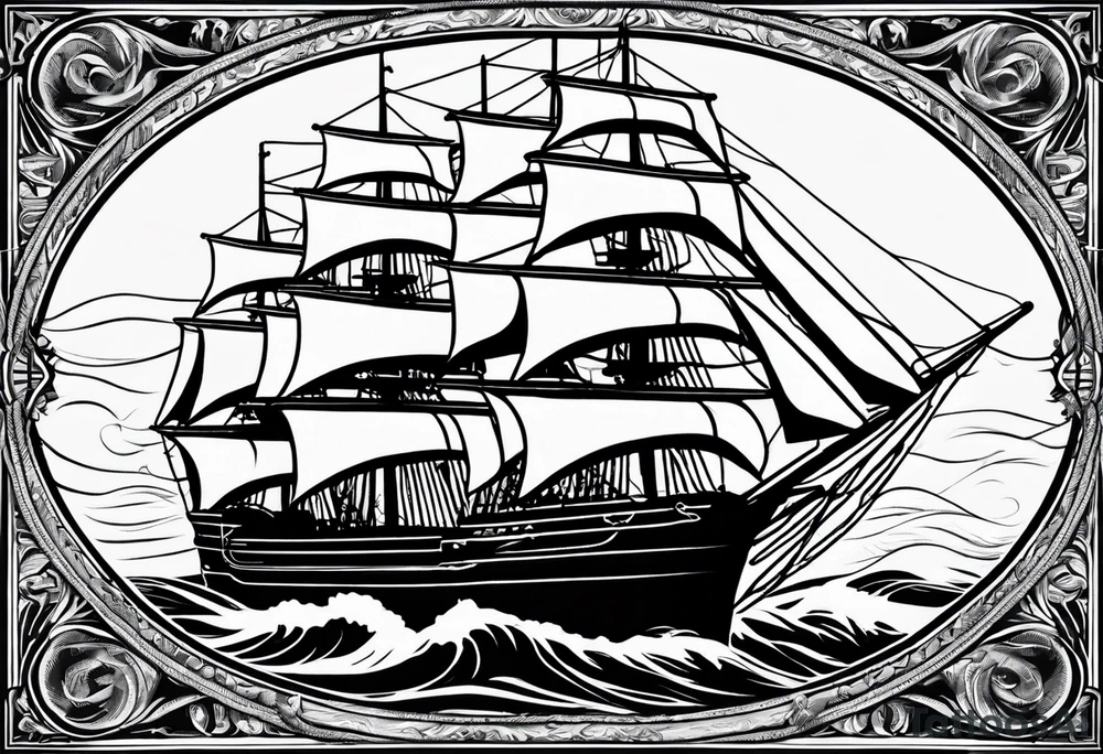 sailing ship in rough seas in oval with rope border super imposed over crossed cannons with banner that says US Navy tattoo idea