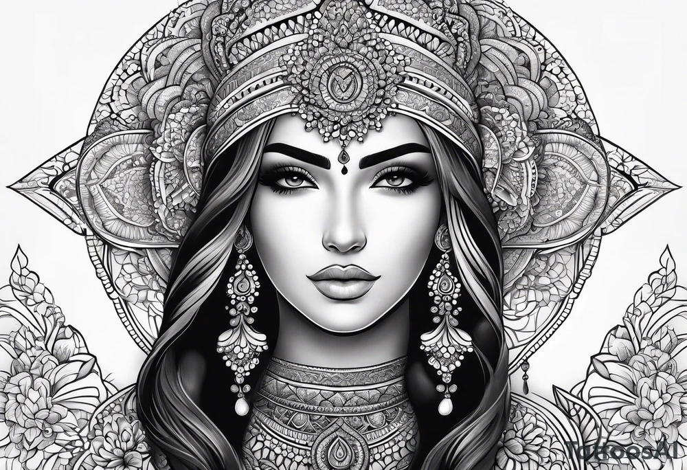 Full arm mandala henna female tattoo with mushroom henna at shoulder tattoo idea