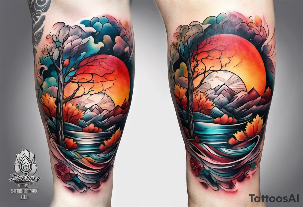 Knee tattoo in fall colors with water flow washes tattoo idea