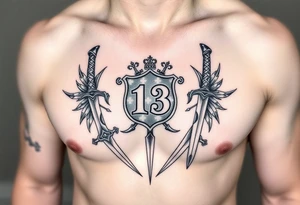 Family crest from Ireland with the Number 13, The Toledo Mudhens Baseball Team, And Demonic And Midevel dagger Featurs Made Into a full chest tattoo tattoo idea