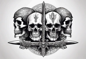 Thanatos and hypnos, 3 skull, sword, like greek statue, minimalist tattoo idea