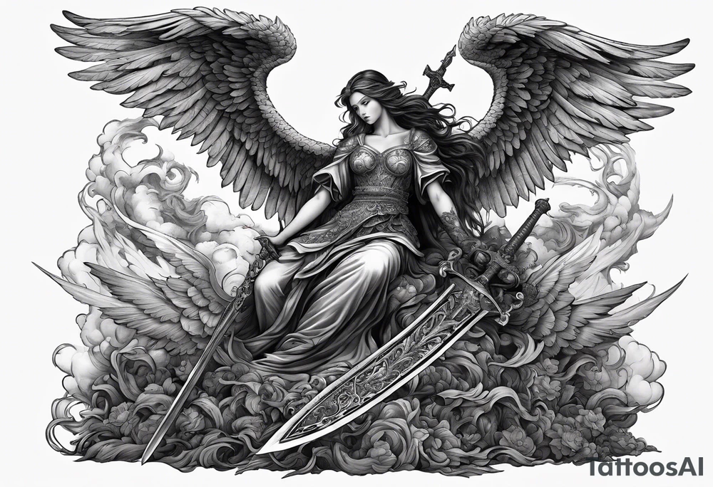 Angel with long sword on a pile of dead demons in etchwork style tattoo idea