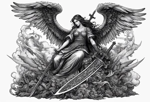 Angel with long sword on a pile of dead demons in etchwork style tattoo idea