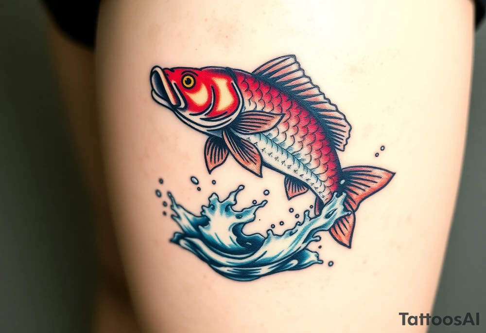 A carp leaping out of a lake, with splashes of water frozen in mid-air, showcasing its strength and agility. tattoo idea