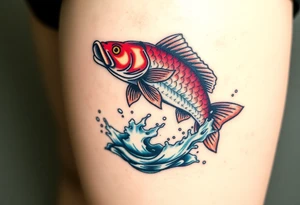 A carp leaping out of a lake, with splashes of water frozen in mid-air, showcasing its strength and agility. tattoo idea