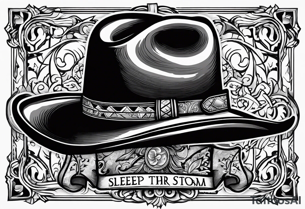 Ruggred cross with a cowboy hat that says sleep through the storm tattoo idea