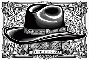 Ruggred cross with a cowboy hat that says sleep through the storm tattoo idea