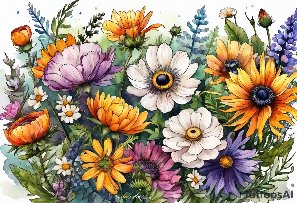 wildflowers with thistles, ferns, ranuculus, white anemones with black center, sun flowers, mixed color flowers all in watercolor tattoo idea
