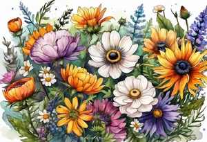 wildflowers with thistles, ferns, ranuculus, white anemones with black center, sun flowers, mixed color flowers all in watercolor tattoo idea
