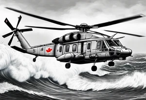 Canadian military grey CH-148 Cyclone helicopter soaring low over rough, ocean waves. In the background, a poppy be prominently displayed tattoo idea