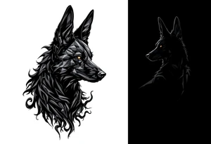 a creature that looks strongly like a combination of Anubis, a black Labrador and a black German Shepard, with the tall pointy ears of a jackal, looking back, serious and daring tattoo idea