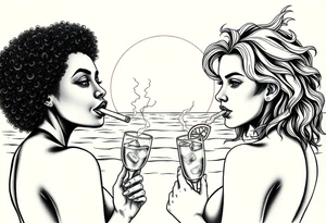 Two females One of the females is dark skin with Curly puffy hair The other girl is light skin and has wavy hair in front of a sunset on the beach, smoking a blunt with margarita glasses next to them tattoo idea