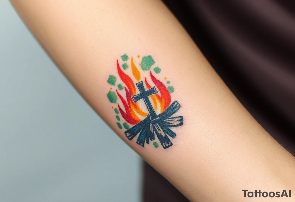 Campfire with a cross hidden in the flames tattoo idea