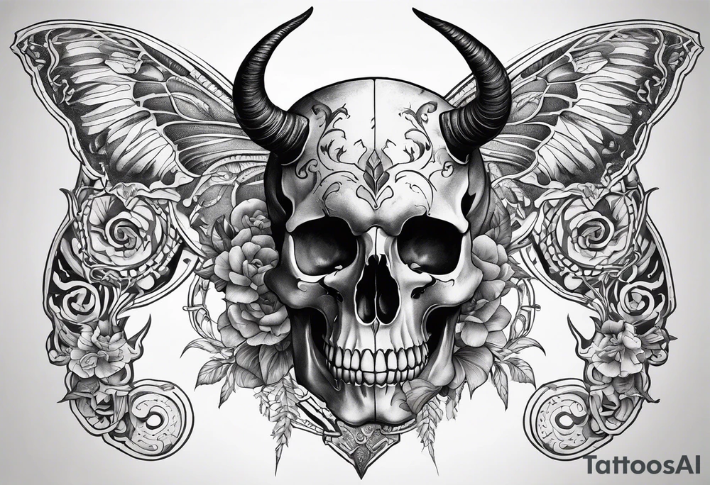 Full body torso tattoo, taurus skull with curved horns on the chest, ripping bone and skin on the shoulders and chest area, rib cage skeleton, skull moth on the stomach with a small skull underneath tattoo idea