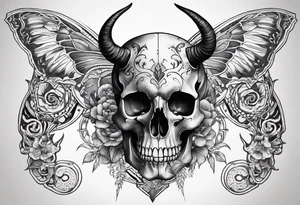 Full body torso tattoo, taurus skull with curved horns on the chest, ripping bone and skin on the shoulders and chest area, rib cage skeleton, skull moth on the stomach with a small skull underneath tattoo idea