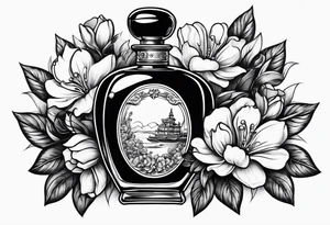 Pearl necklace wrapped around 1950s perfume bottle with flowers and bows surrounding tattoo idea