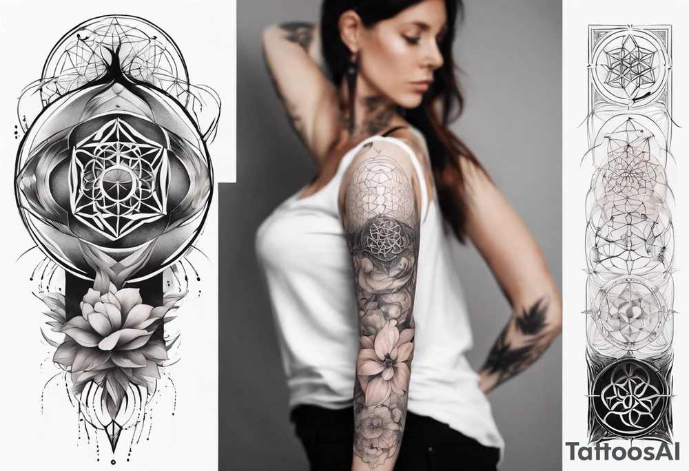 Sleeve tattoo on a woman's arm. Phoenix top center flower of life bottom metatron cube tattoo idea