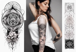 Sleeve tattoo on a woman's arm. Phoenix top center flower of life bottom metatron cube tattoo idea