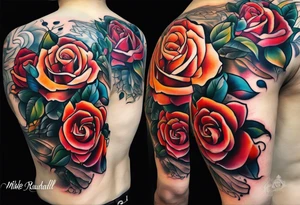 front knee tattoo based on Mike Rubendall with roses, water, flowers, background wash tattoo idea