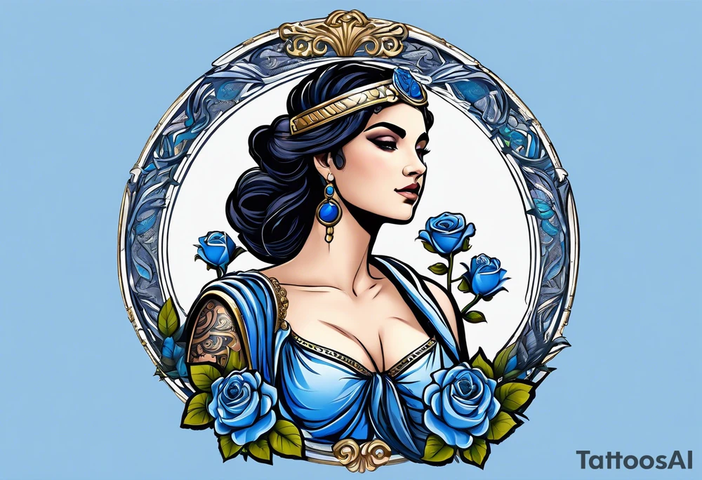 ancient rome clothes ,women,,ancient scale in one hand, blue rose frames, justicia ,keeps  scale tattoo idea