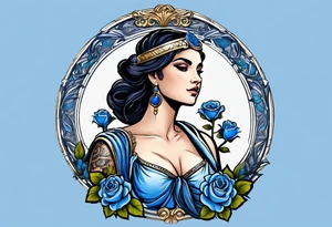 ancient rome clothes ,women,,ancient scale in one hand, blue rose frames, justicia ,keeps  scale tattoo idea