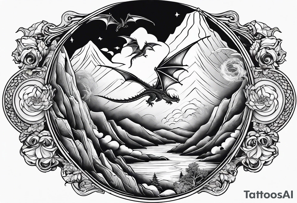 A large open book fluttering pages. a tiny dragon with scales and four legs flying high in the sky. three mountains magic tattoo idea