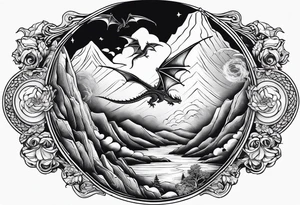 A large open book fluttering pages. a tiny dragon with scales and four legs flying high in the sky. three mountains magic tattoo idea