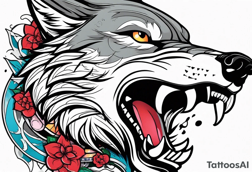 wolf head with katana in mouth tattoo idea