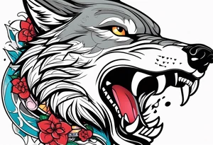 wolf head with katana in mouth tattoo idea