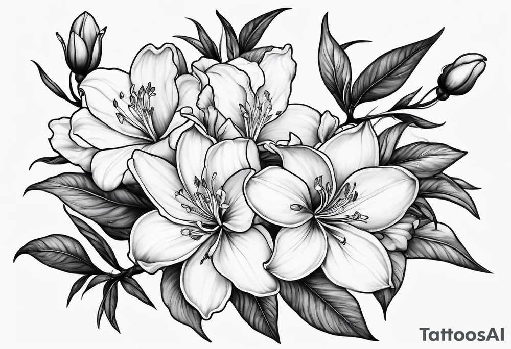 5-petal azaleas with buds along a long branch tattoo idea