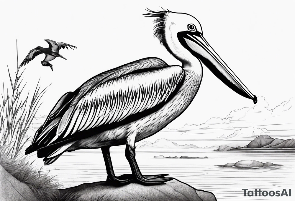 large pelican beside a sandpiper, dainty, minimalist, detailed tattoo idea