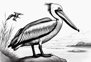 large pelican beside a sandpiper, dainty, minimalist, detailed tattoo idea