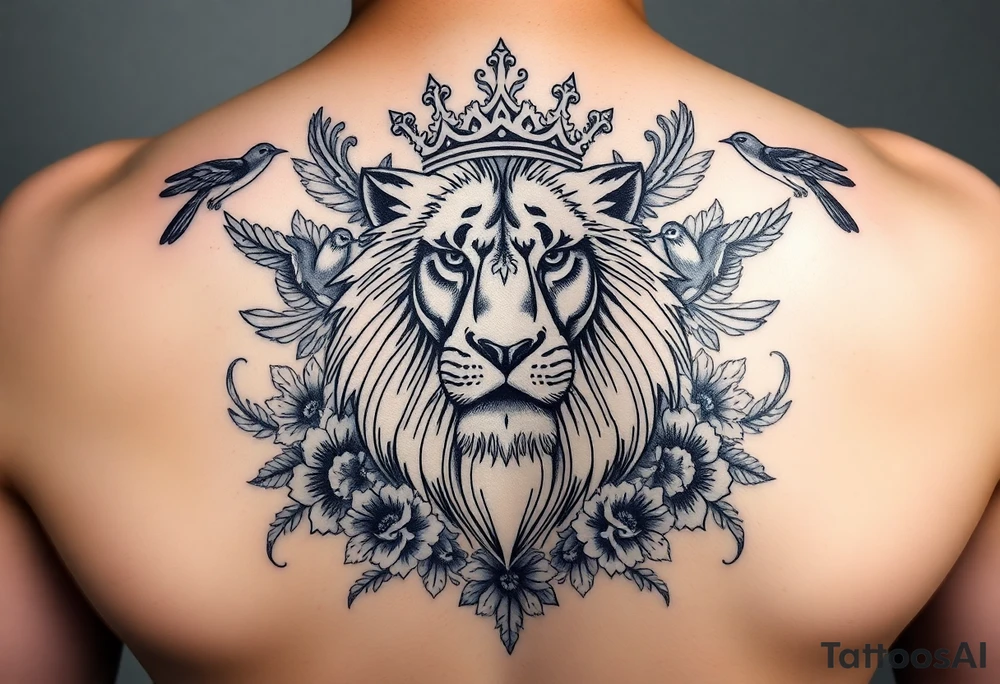 powerful majestic lion with a crown, surrounded by floral ornaments and birds tattoo idea