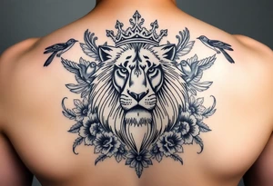 powerful majestic lion with a crown, surrounded by floral ornaments and birds tattoo idea