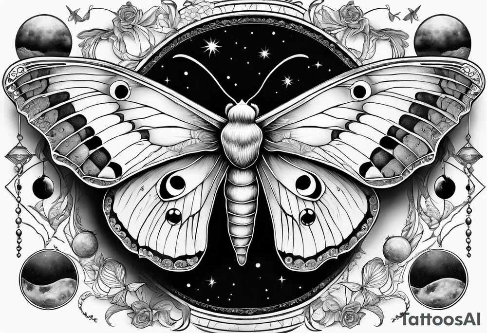 luna moth surrounded by the phases of the moon tattoo idea