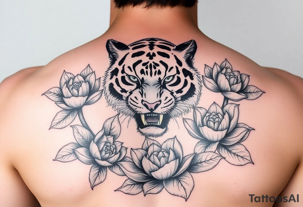 fierce tiger emerging through blooming lotus flowers in mist tattoo idea