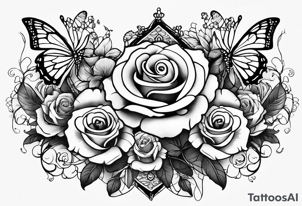 Forearm half sleeve with flowers & small butterflies (not roses) incorporating the names Harvey & Ruby with stars, books, fantasy & dragons themed tattoo idea