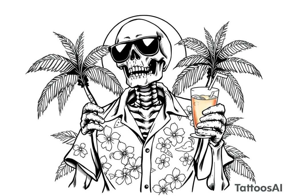 a skeleton in hawaiian shirt, palms, a cocktail,sun,sun-glasses,"Take it easy and relax"! tattoo idea