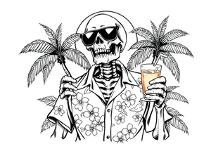 a skeleton in hawaiian shirt, palms, a cocktail,sun,sun-glasses,"Take it easy and relax"! tattoo idea