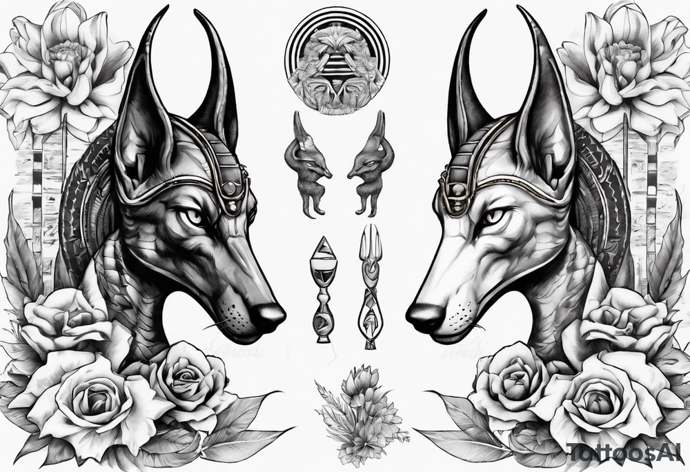 Egyptian god Anubis with Cobras and flowers tattoo idea