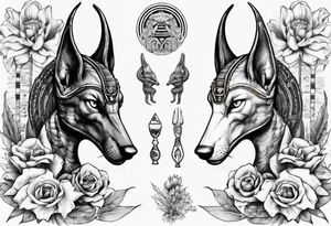 Egyptian god Anubis with Cobras and flowers tattoo idea