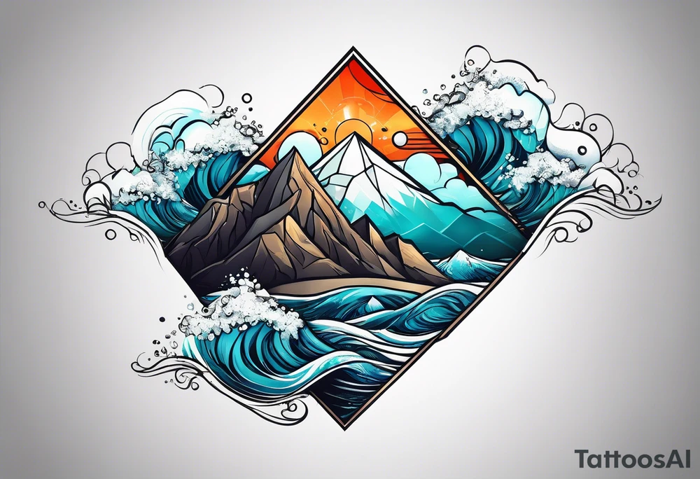 Mountains and ocean waves  crashing diamond shape tattoo idea