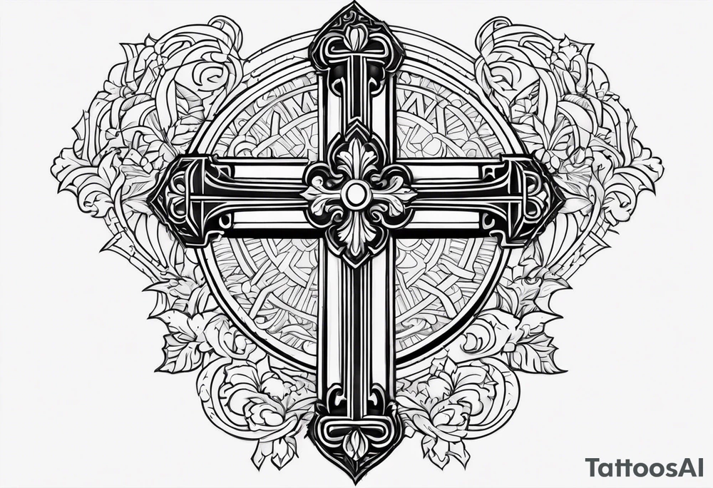 Cross with wording saying Loyalty Is Key in old English tattoo idea