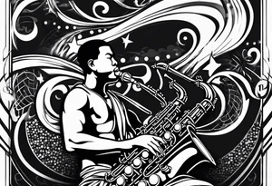 Muay thai boxer playing on tenor saxophone in a jazz club front of a jazz trio band. The notes are coming out from the saxophone and turning into buddhist symbols. tattoo idea