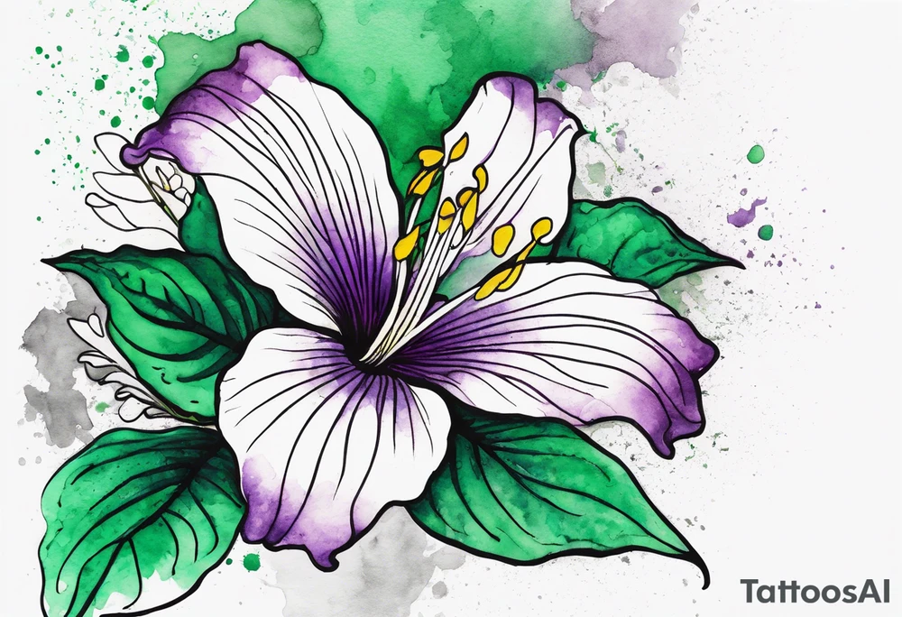 An outline of a rio dipladenia flower with a mystical green/purple watercolor splash in the background tattoo idea
