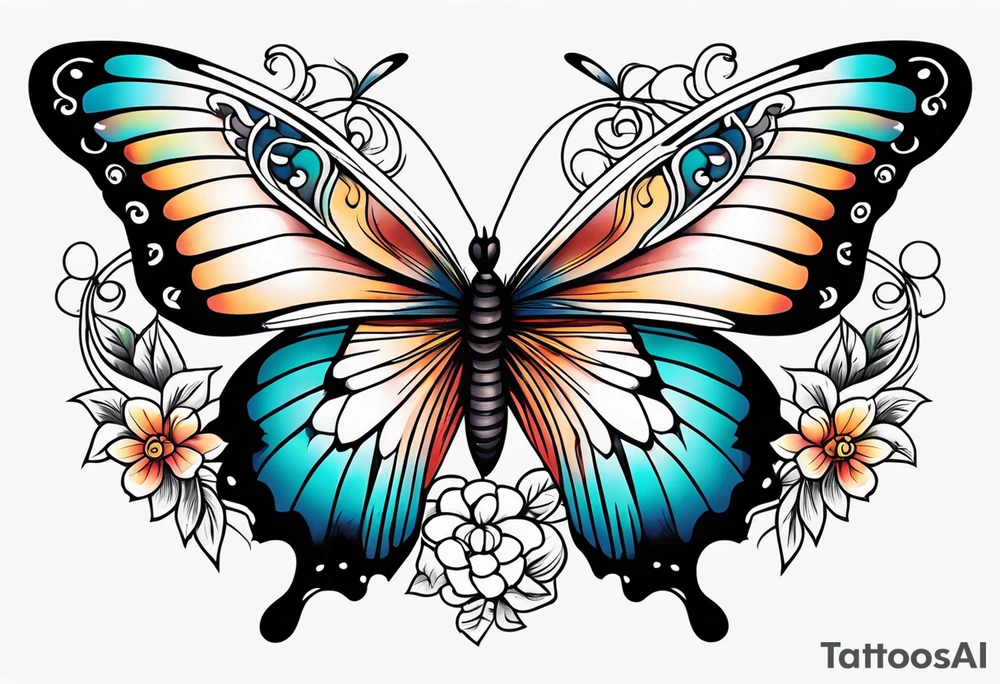 butterfly 
with flowers around it vintage old school traditional tattoo idea