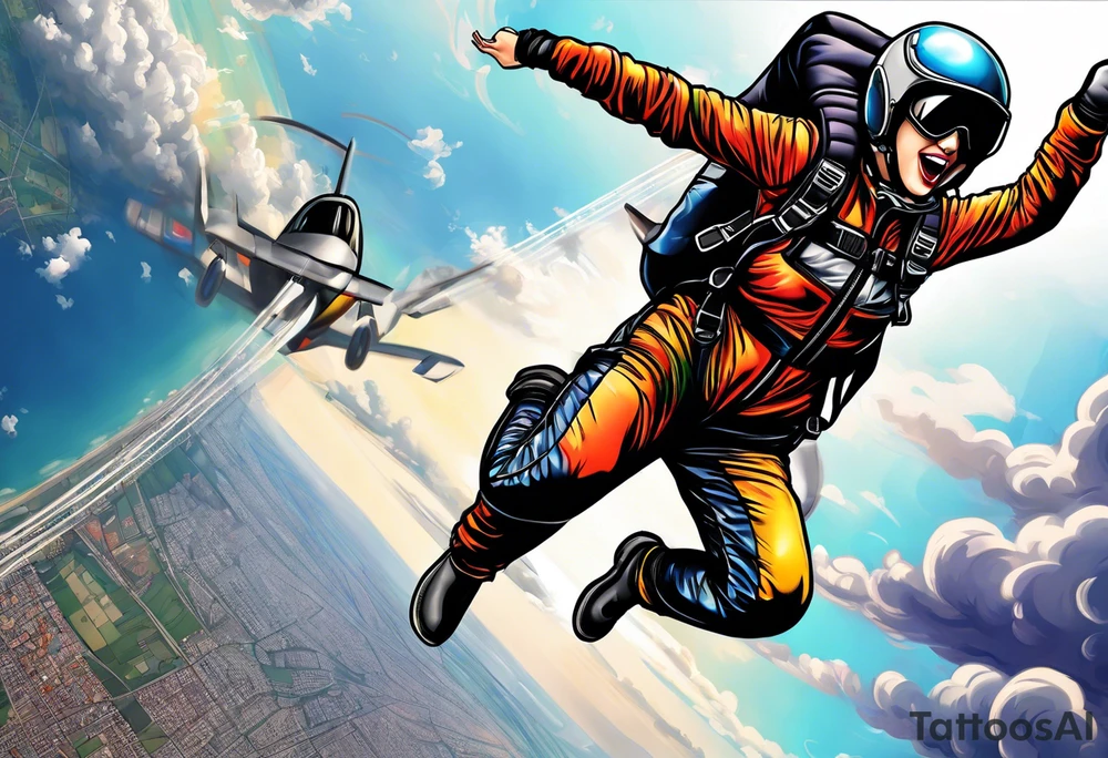 Black haired Woman skydiver jumping from plane with parachute tattoo idea